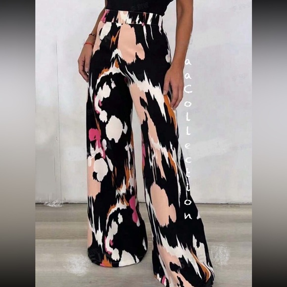 Pants - Boho Abstract Watercolor Print High Waist Wide Leg Palazzo Pants Black